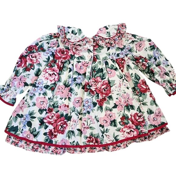 2 Vintage 90s Girls 18 Month 2T Floral Party Dresses Layered‎ Pink Collar Formal - Picture 6 of 14